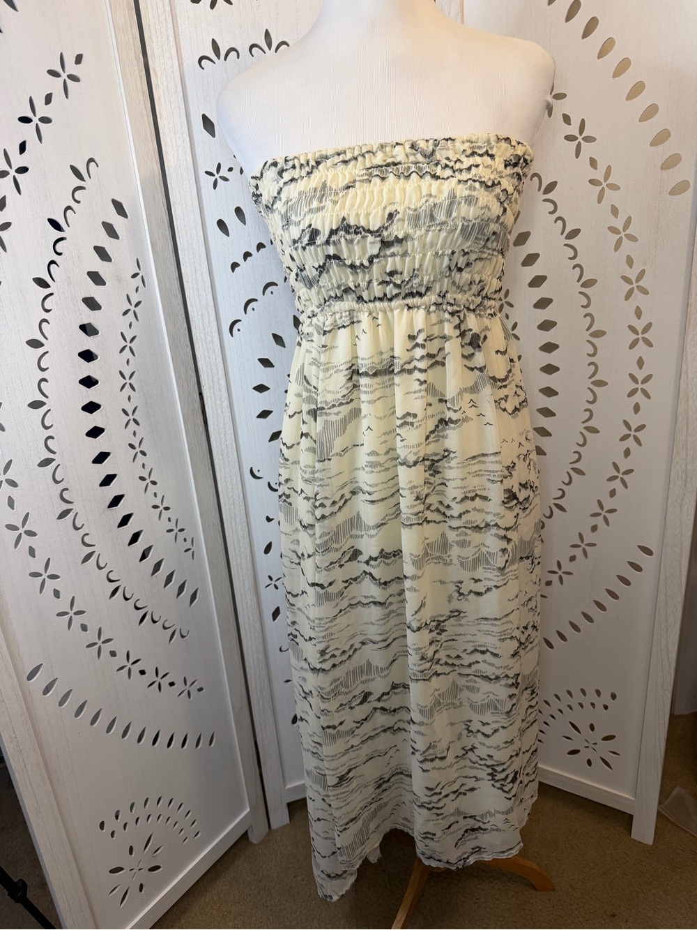 Strapless Smocked Maxi Dress in Cream and Black